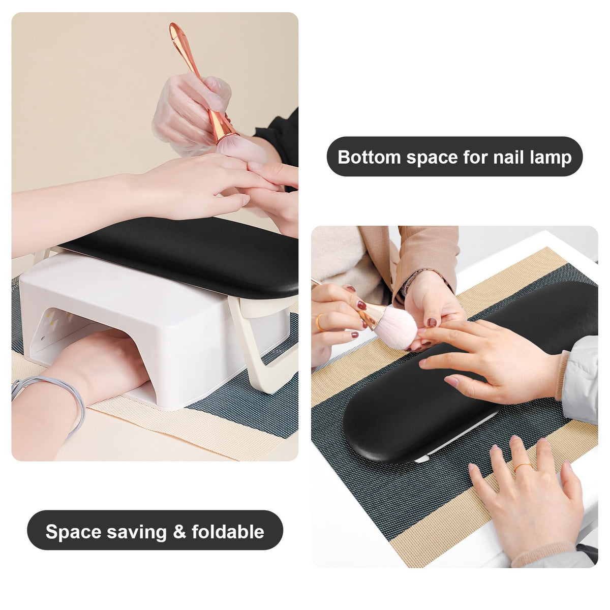 Diesisa arm rest placed over UV lamp demonstrating space-saving fit