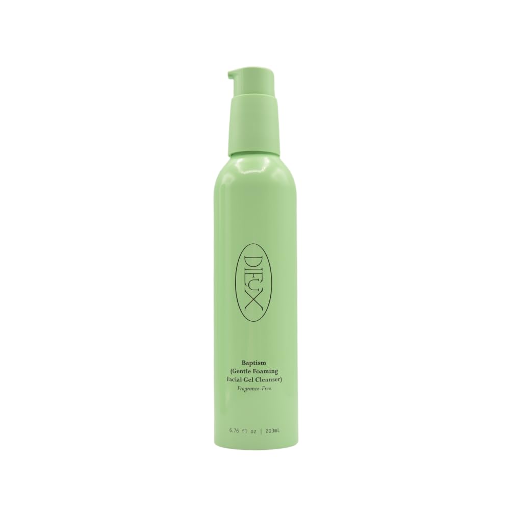 Dieux Baptism front packaging showing label and pump, highlights gentle everyday cleansing