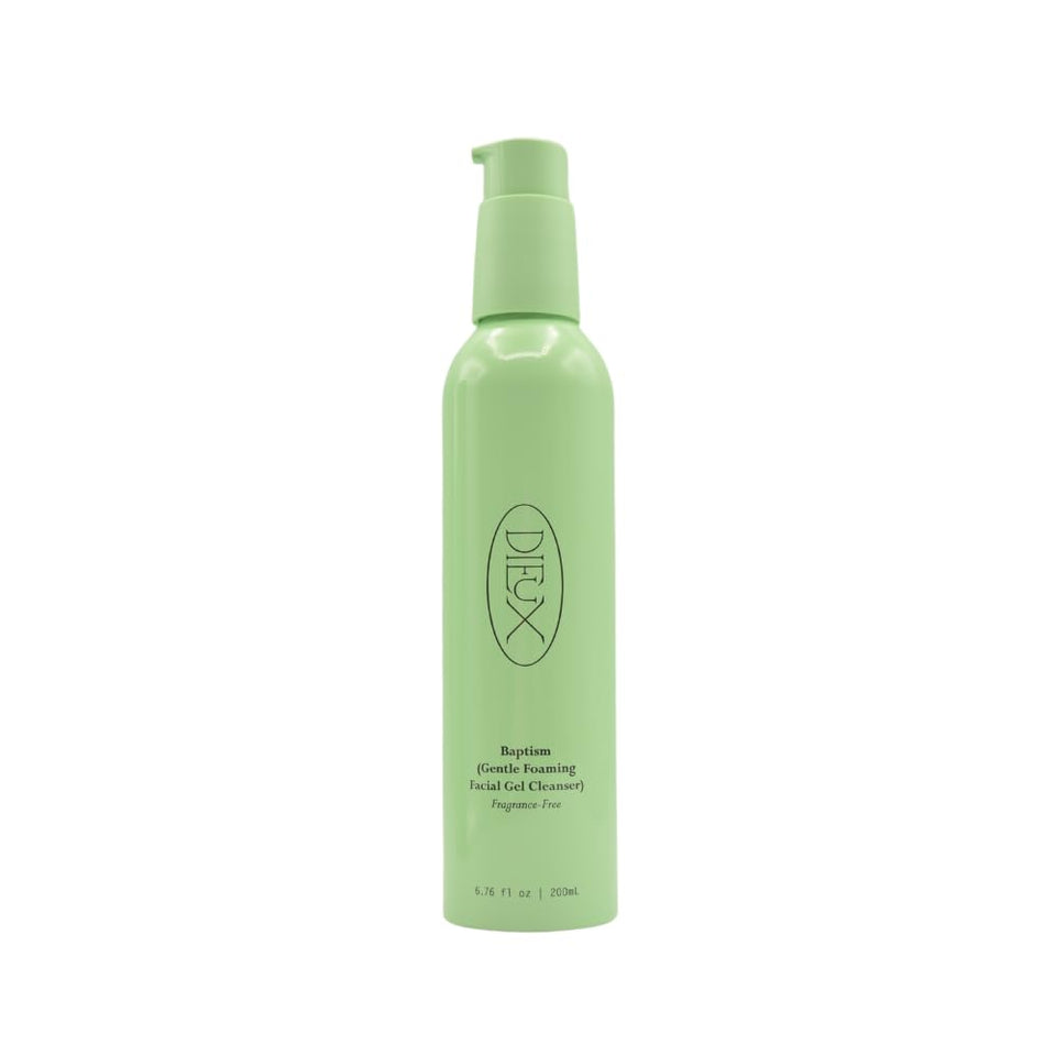 Dieux Baptism front packaging showing label and pump, highlights gentle everyday cleansing