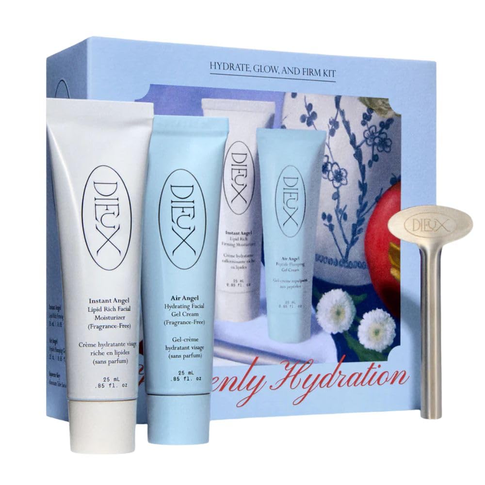 Dieux kit front packaging showing creams and squeeze key for travel-ready hydration