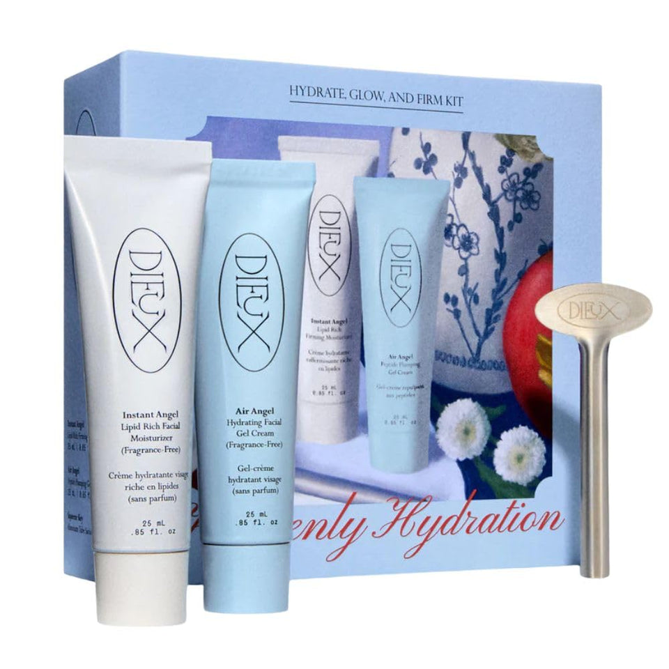 Dieux kit front packaging showing creams and squeeze key for travel-ready hydration