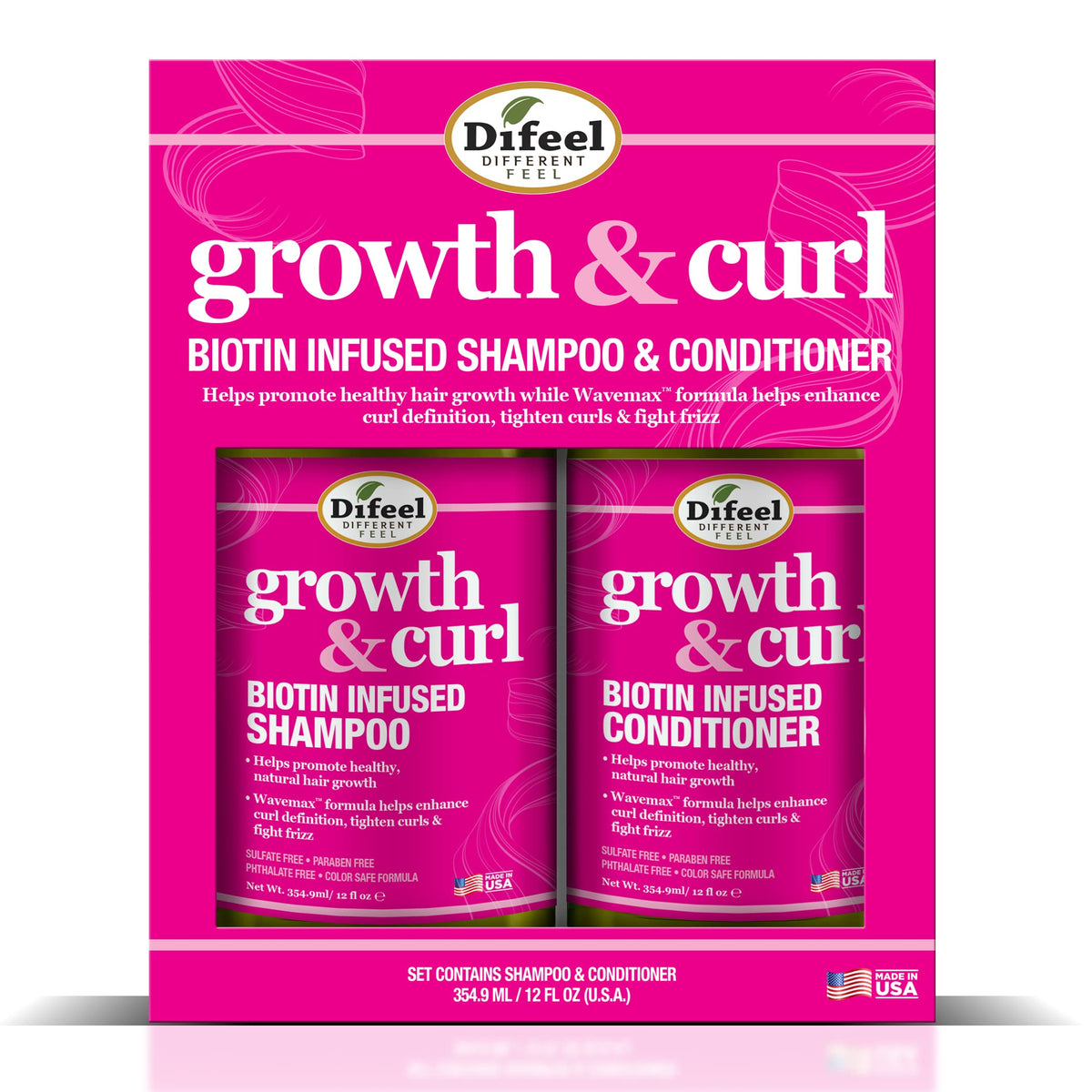 Difeel close-up label emphasizing biotin and Wavemax for curl support benefit