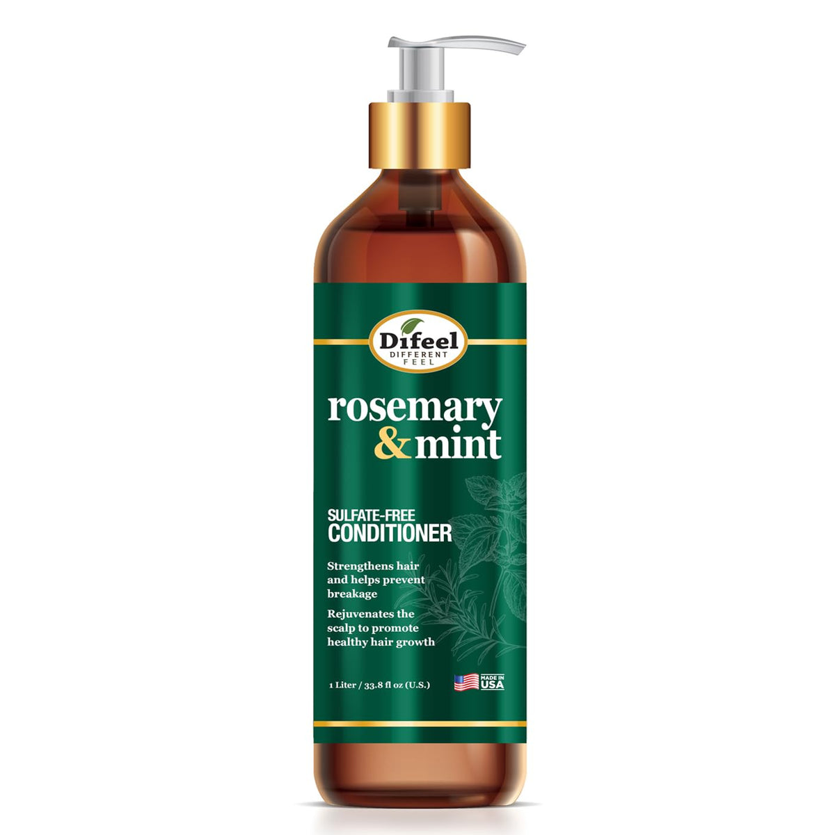 Difeel front packaging showing rosemary mint conditioner and large bottle benefit