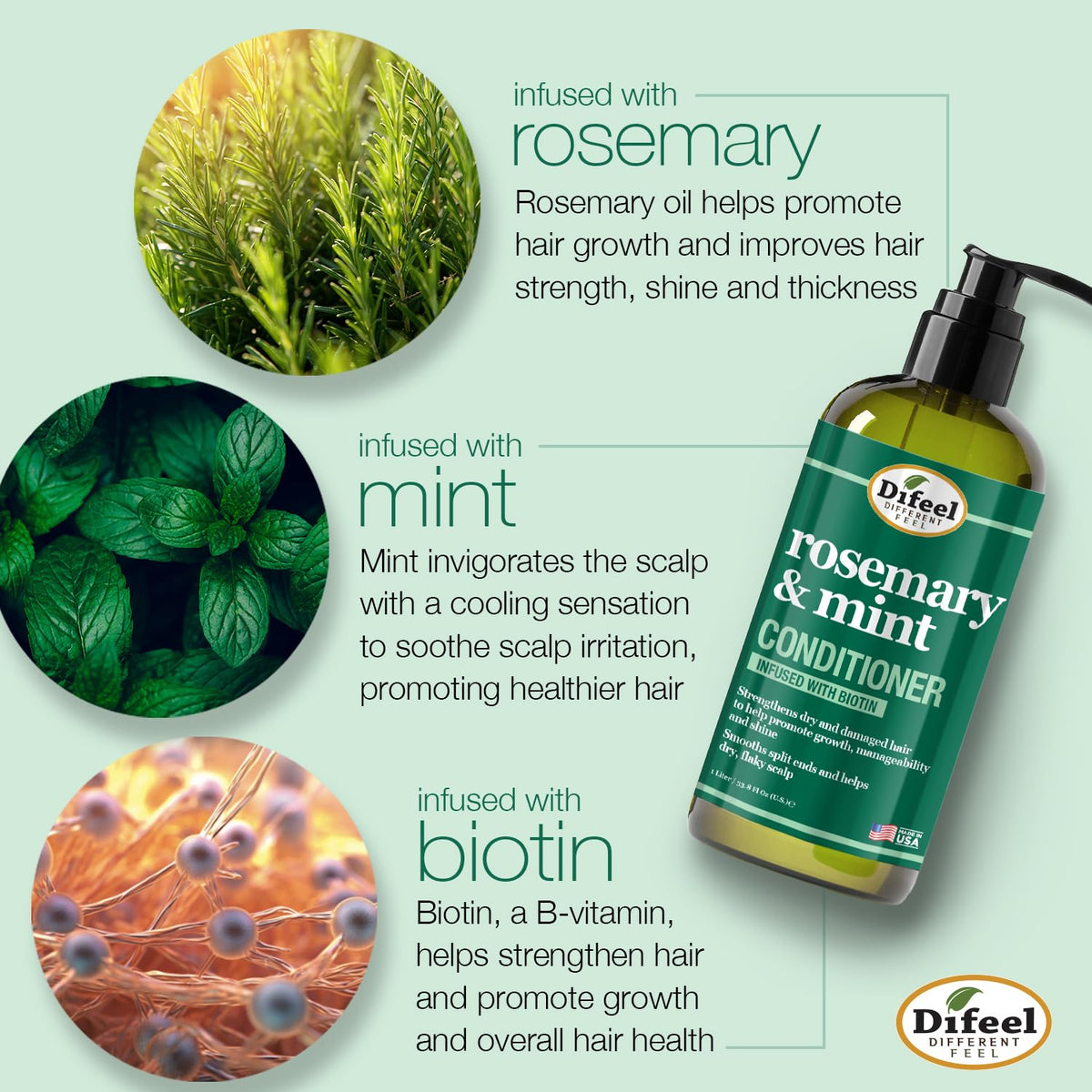 Difeel rosemary leaves with bottle emphasizing natural oil and nourishing benefit