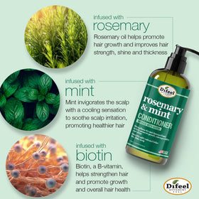 Difeel rosemary leaves with bottle emphasizing natural oil and nourishing benefit
