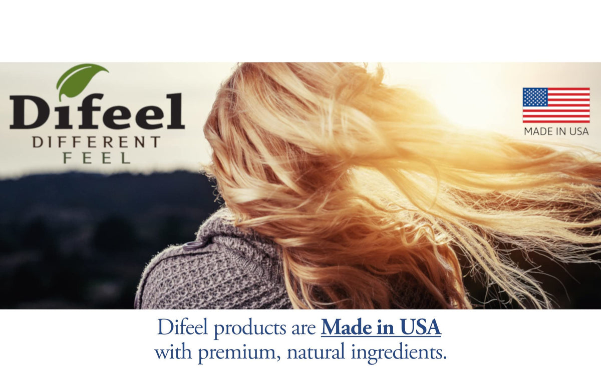 Difeel packaging detail featuring proudly made in USA badge and product promise
