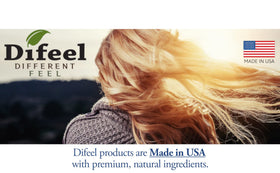 Difeel packaging detail featuring proudly made in USA badge and product promise