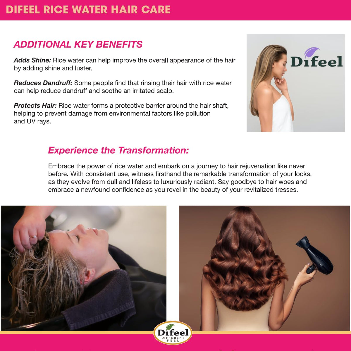 Difeel before and after hair comparison illustrating reduced breakage and smoother texture