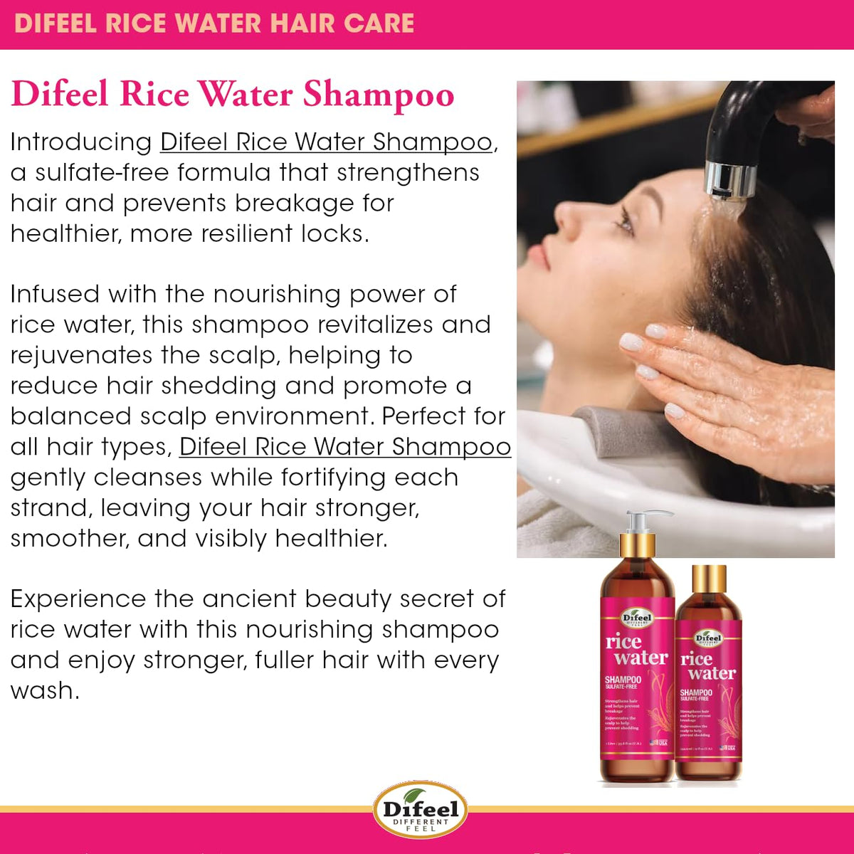 Difeel pump dispensing shampoo emphasizing easy-use packaging and measured pour