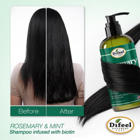 Fresh rosemary sprig and mint leaves beside Difeel bottle highlighting natural oils
