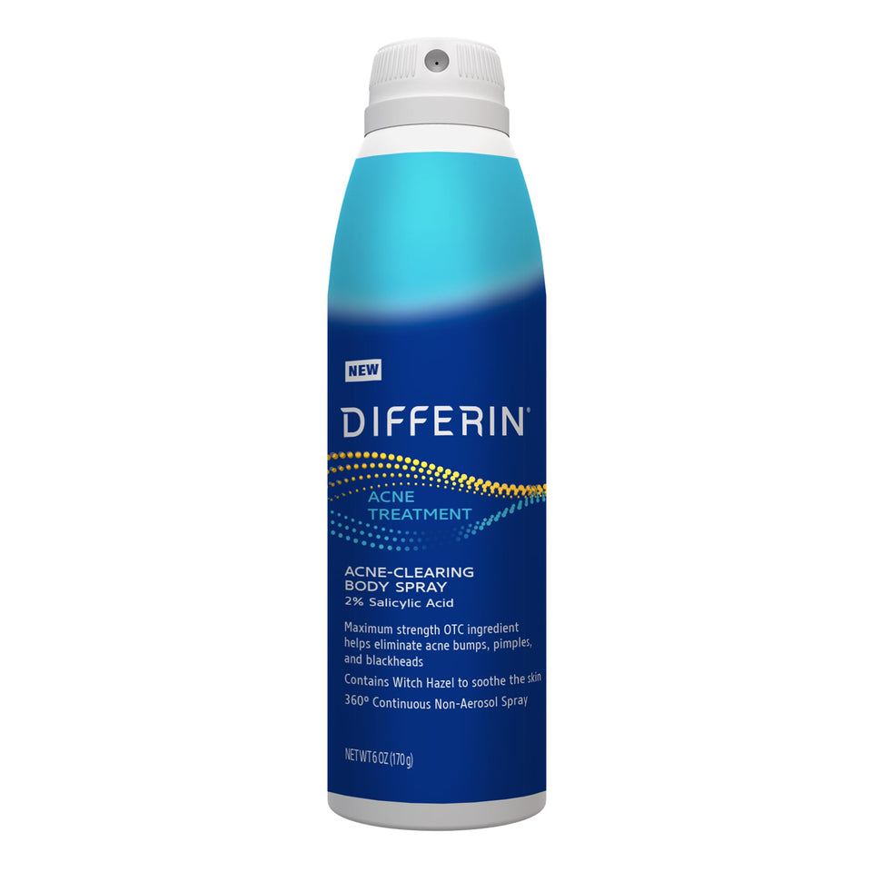 Differin front packaging showing the spray bottle and branding for clear application