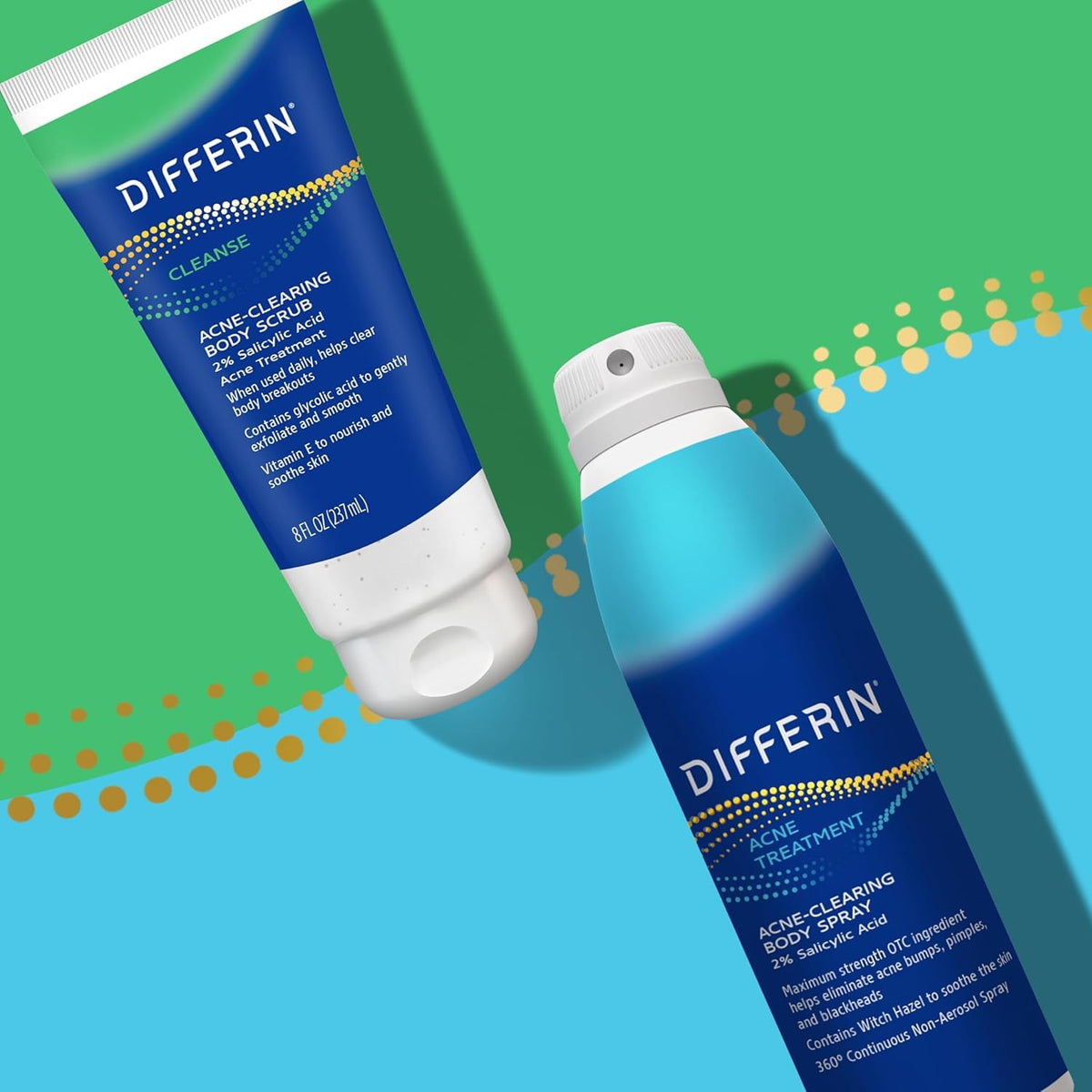 Differin being sprayed on chest and shoulders showing quick coverage and control
