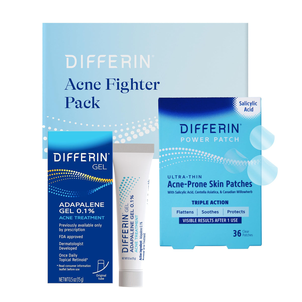 Differin front of packaging showing kit and benefits brand clarity