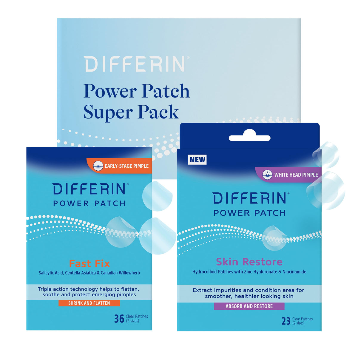 Differin complete kit front packaging showing both patch types benefits