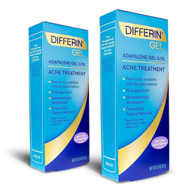 Differin front packaging showing pack of two tubes and benefits
