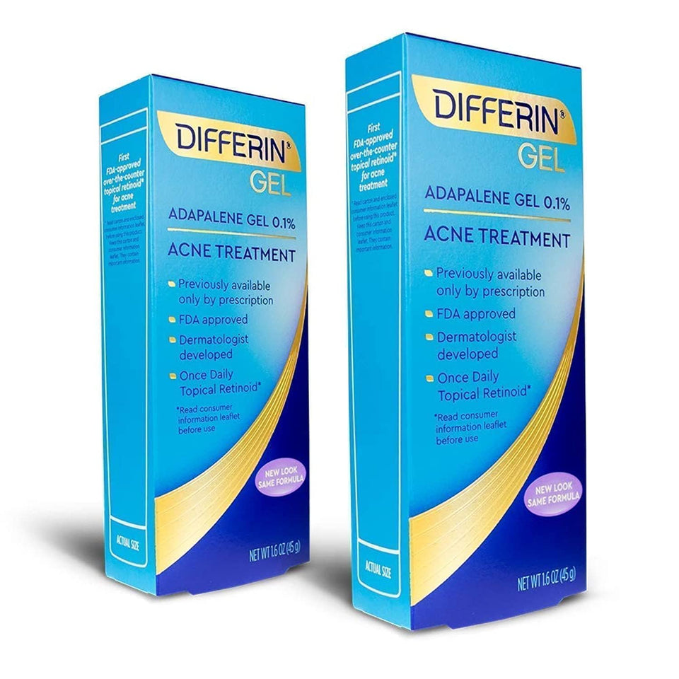 Differin front packaging showing pack of two tubes and benefits