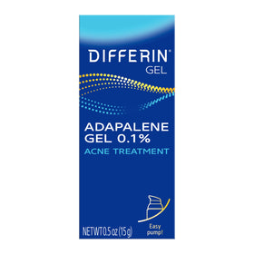 Differin front pump 15g showing product and branding, clear acne treatment benefit