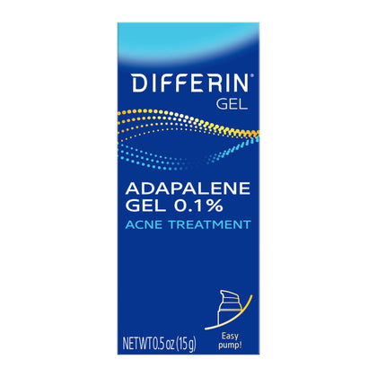 Differin front pump 15g showing product and branding, clear acne treatment benefit