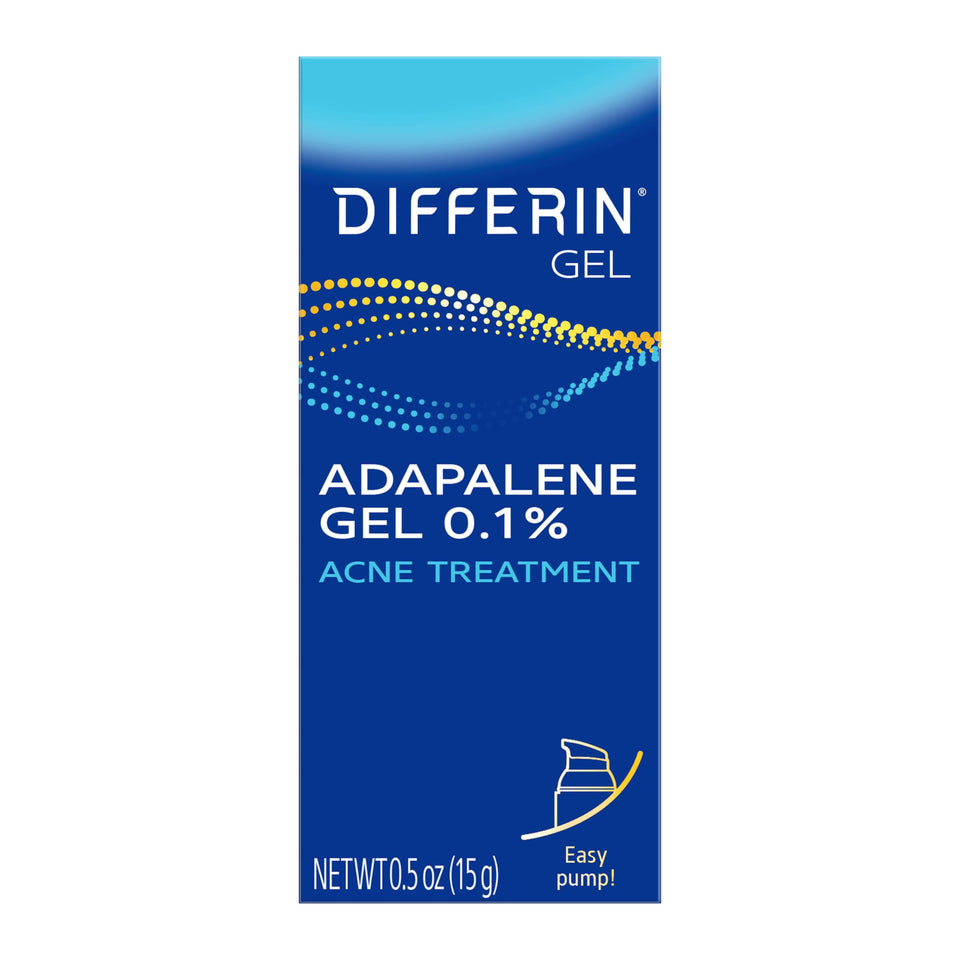 Differin front pump 15g showing product and branding, clear acne treatment benefit