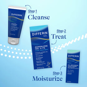 Close-up of Differin packaging label showing active 0.1% adapalene and clear usage benefit