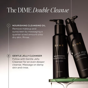 DIME before and after makeup removal on skin, illustrates effective cleansing