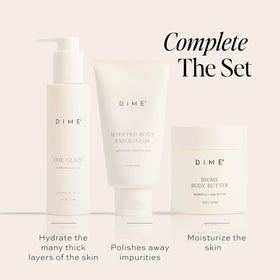 DIME ingredient assortment with shea, squalane, and probiotics highlighting nourishing blend