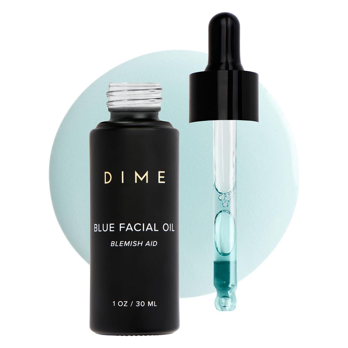 DIME blue facial oil front packaging showing clean bottle and label for reassurance