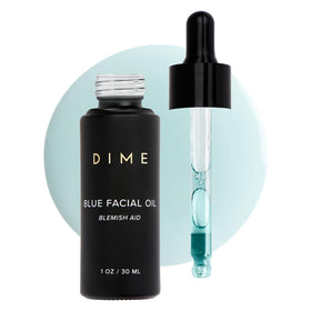 DIME blue facial oil front packaging showing clean bottle and label for reassurance