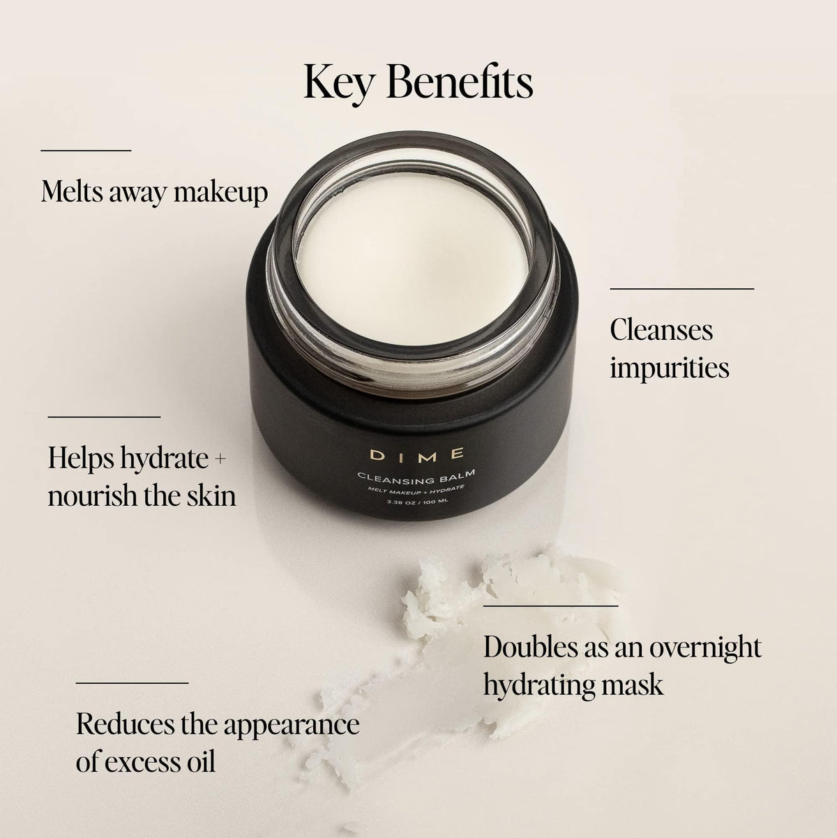 DIME cleansing balm open tub top view revealing creamy formula and easy scoop access