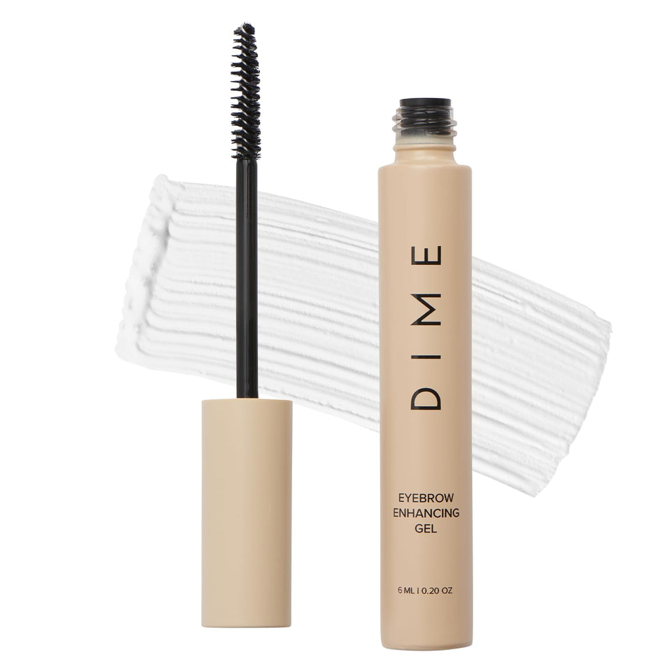 DIME clear brow gel front packaging showing compact tube and label, portable styling benefit