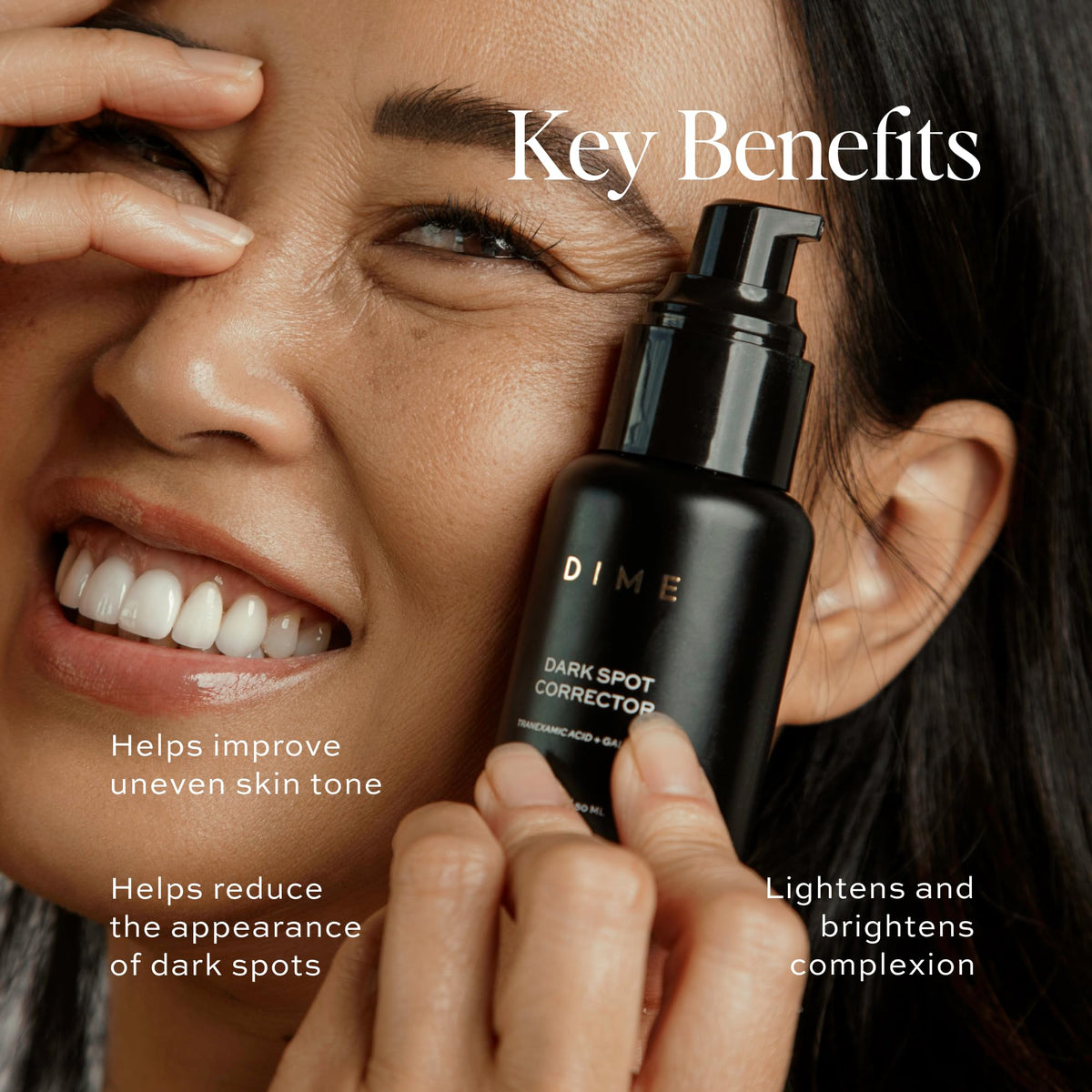 DIME close-up serum texture drop, lightweight absorbent finish benefit