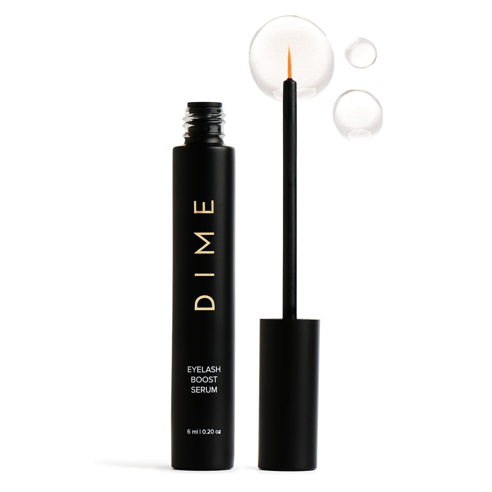 DIME eyelash serum front packaging showing full bottle and cap, highlights value