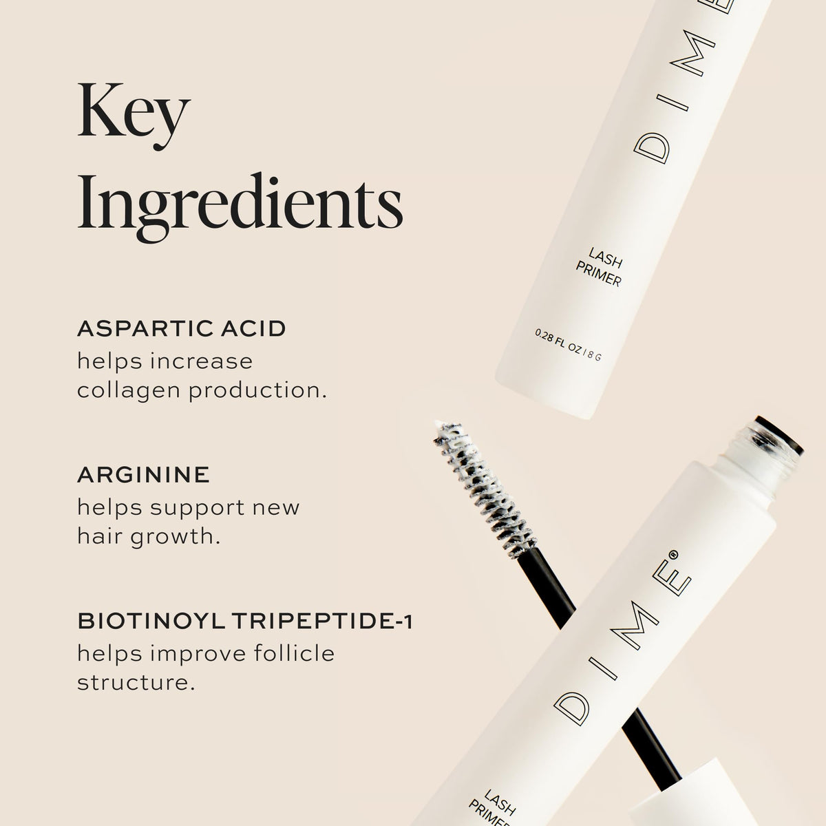 DIME primer white formula swatch showing opaque base and improved mascara payoff benefit