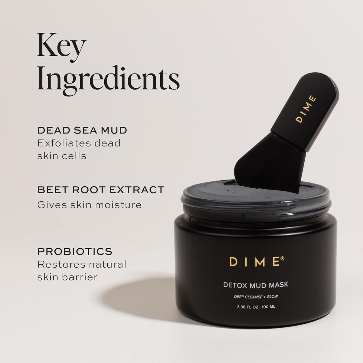 DIME jar next to spatula showing 3.38 oz scale for accurate size and hygienic application