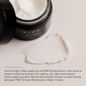 DIME TBT Cream on bathroom counter as part of nighttime routine showing restorative benefit