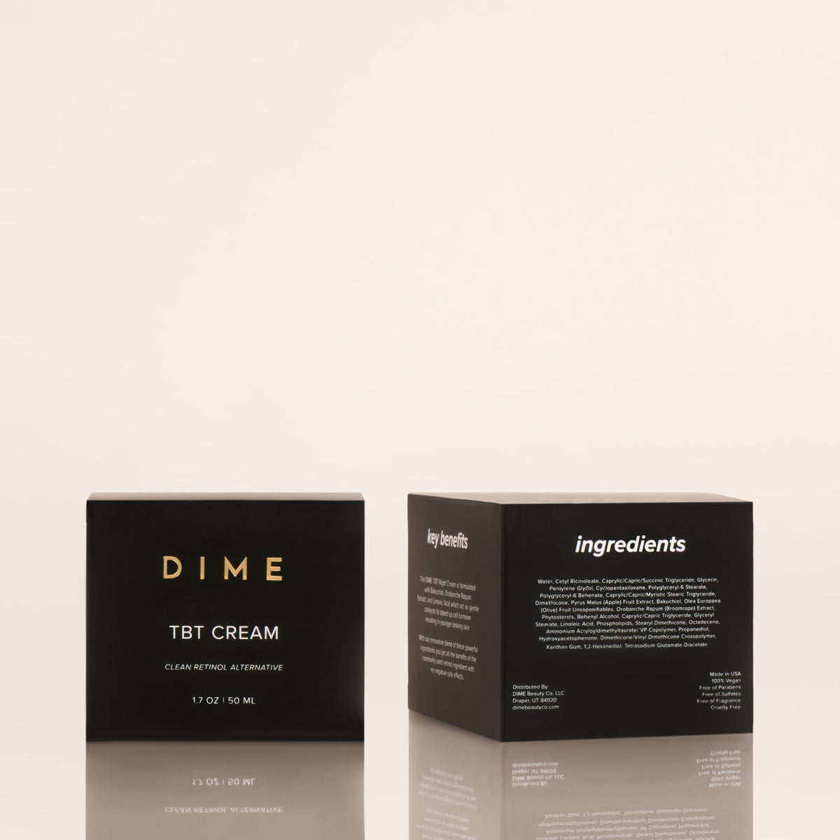 DIME TBT Cream label close-up showing ingredient list and clean-beauty benefit