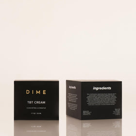 DIME TBT Cream label close-up showing ingredient list and clean-beauty benefit
