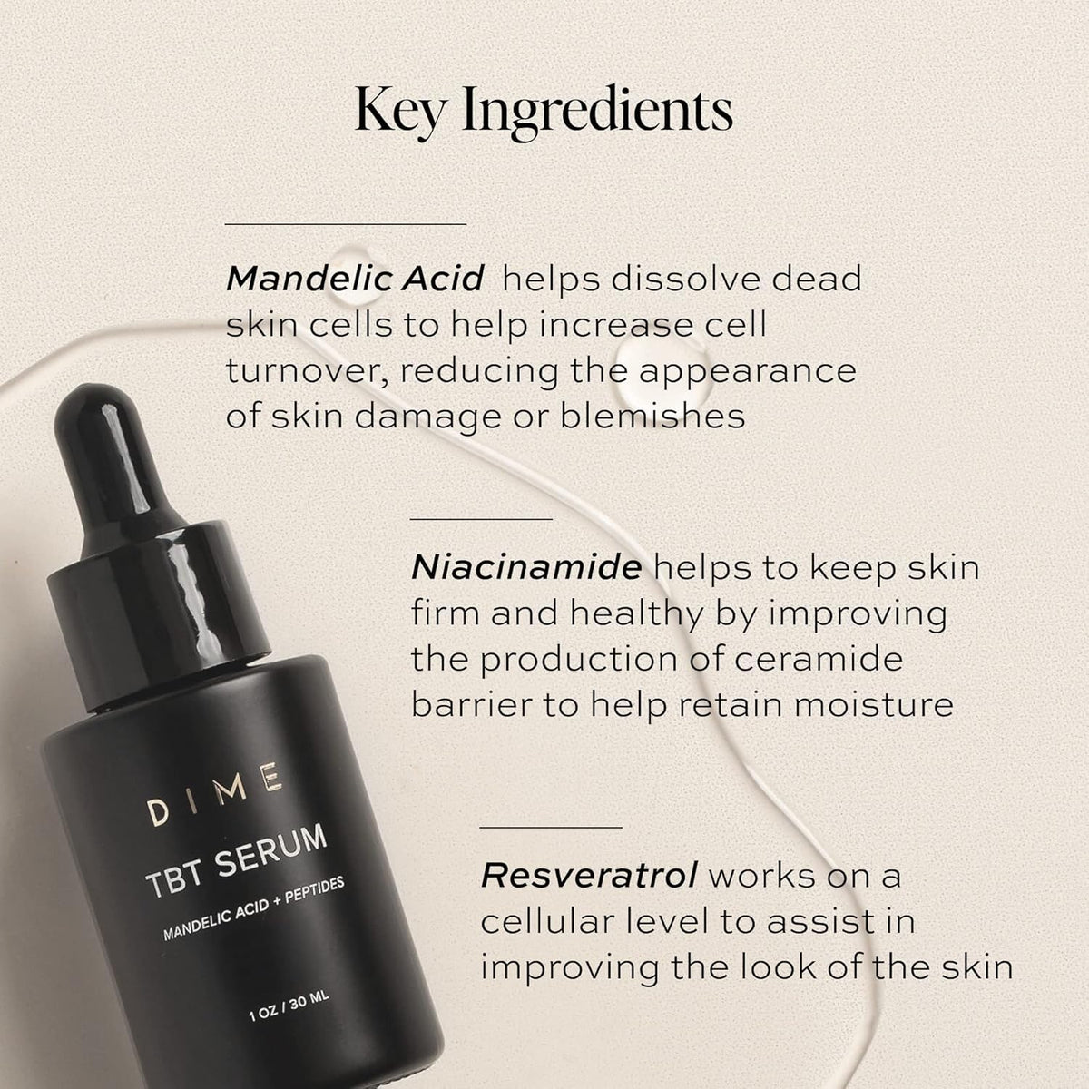 DIME TBT Serum ingredients flatlay emphasizing bakuchiol and antioxidant benefit