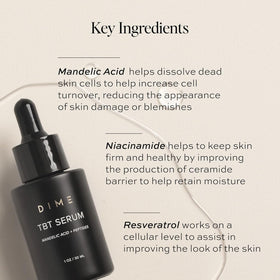 DIME TBT Serum ingredients flatlay emphasizing bakuchiol and antioxidant benefit
