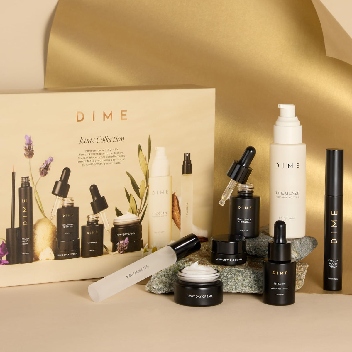 DIME travel kit in pouch on a dresser illustrating convenient, travel-ready skincare