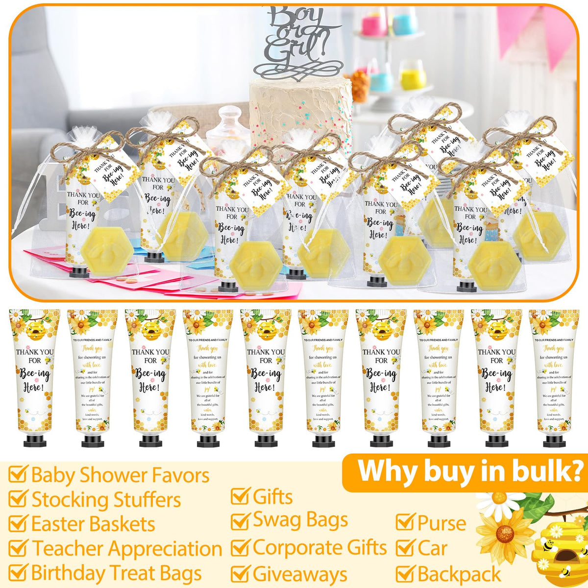 Dimsile favors styled on shower table creating festive yellow bee-themed ambiance