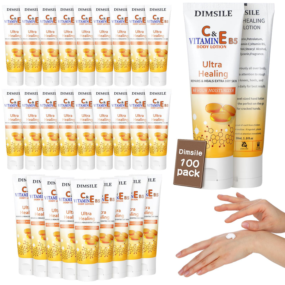Dimsile front packaging showing 100 travel lotion bottles and organizer benefit