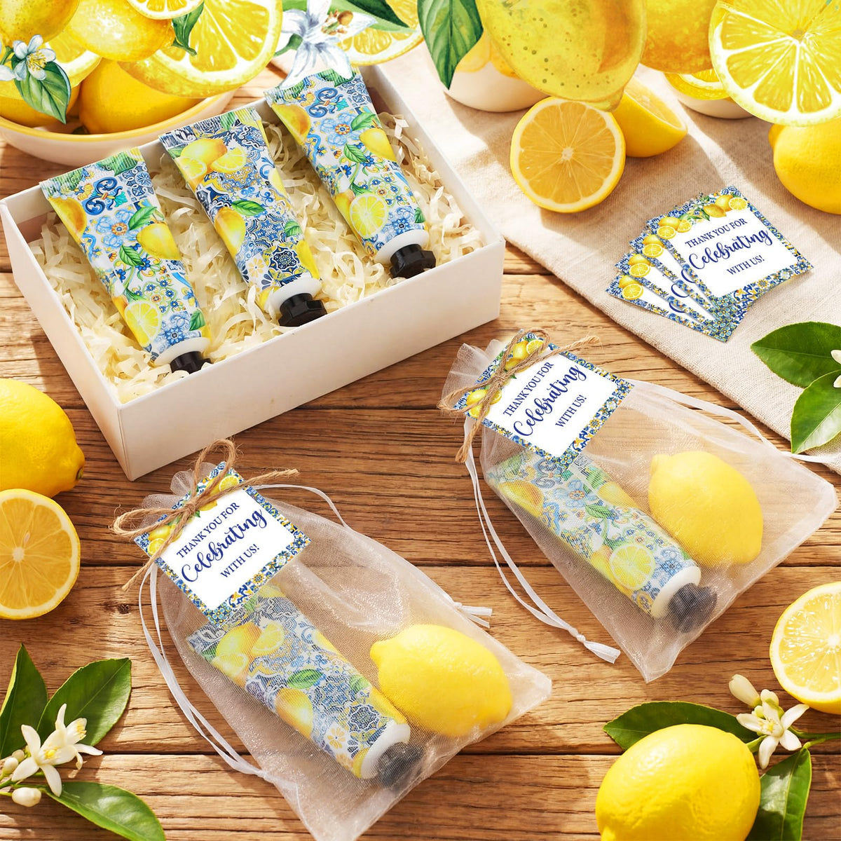 Dimsile organza bags holding hand cream and soap for neat presentation