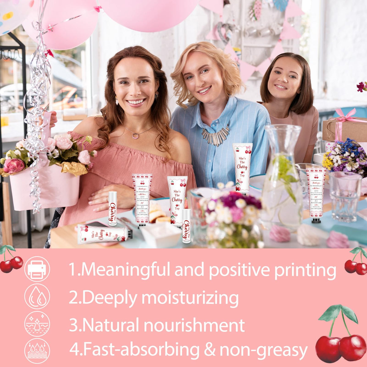 Dimsile party table display illustrating cohesive cherry-theme favor styling