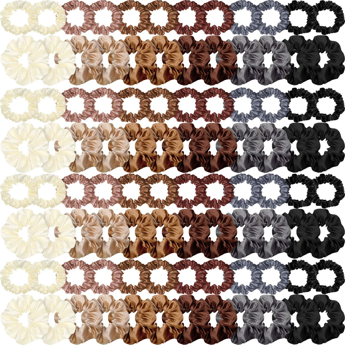 Dingion front packaging showing 96 colorful satin scrunchies, organized and ready