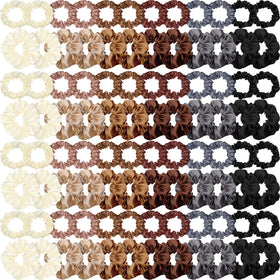 Dingion front packaging showing 96 colorful satin scrunchies, organized and ready