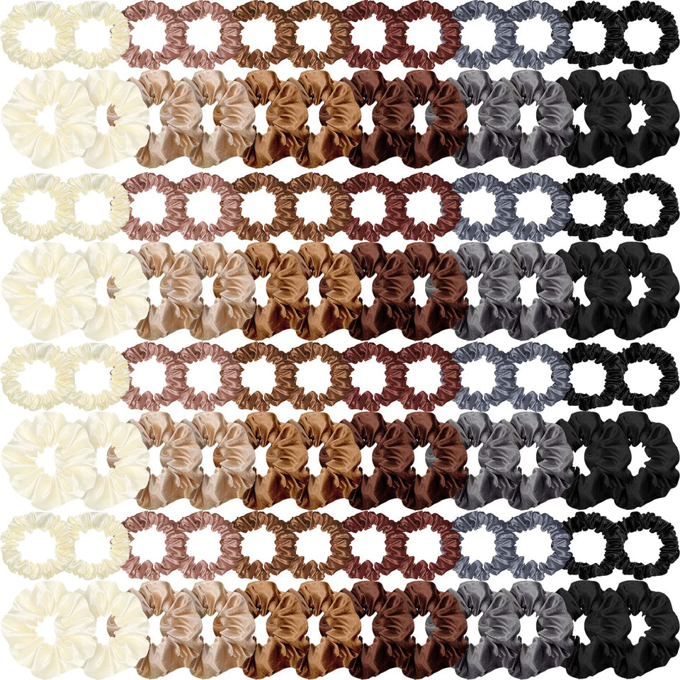 Dingion front packaging showing 96 colorful satin scrunchies, organized and ready