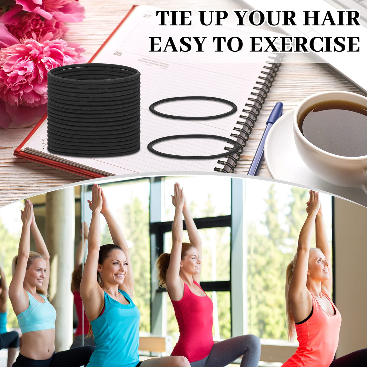 Dingion hair tie beside a hand to show length and scale