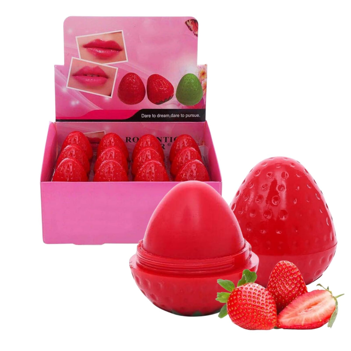 Dioche front packaging showing 24 strawberry lip balms for easy gifting