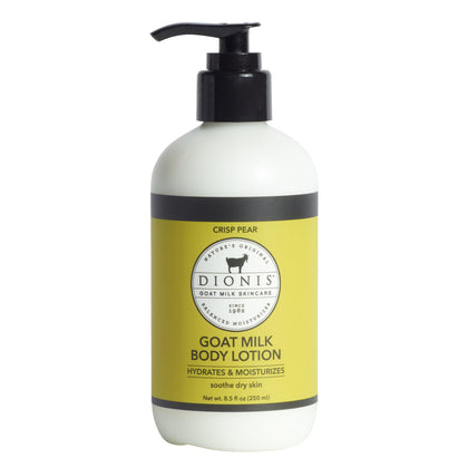 Dionis front pump bottle showing crisp pear lotion and easy dispensing benefit